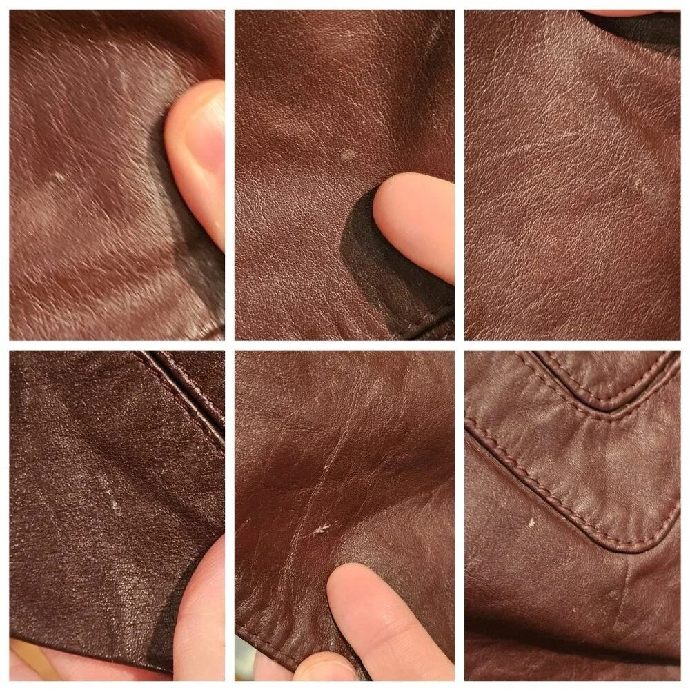 70s Dark Cherry Red Brown Leather‎ Coat Removable Sherpa Liner Sz 50 XL Disco